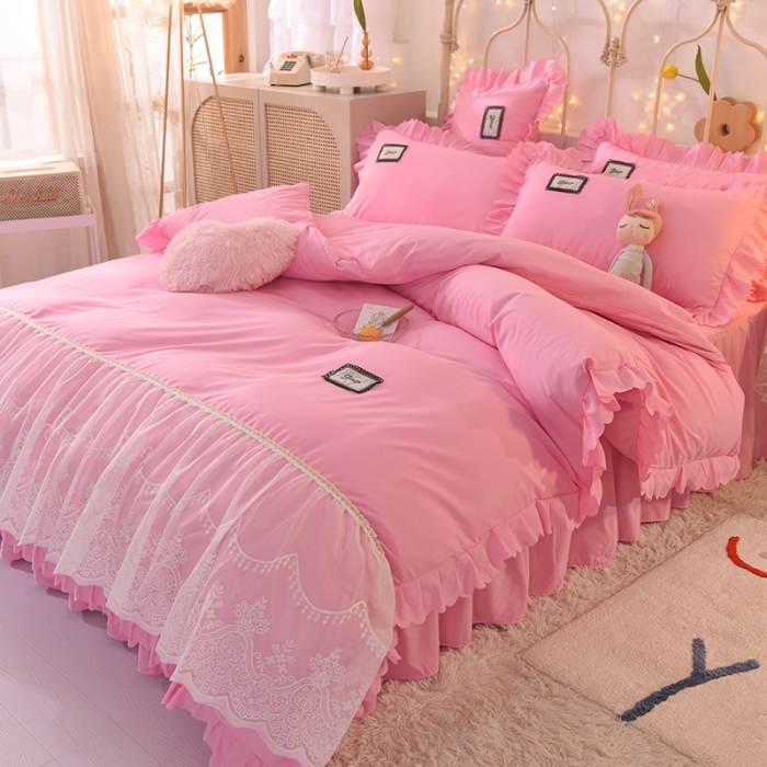 91家纺网 家纺一手货源 找家纺 梦之岛2021新款倾心韩版磨毛蕾丝床单款床裙款四件套 倾心-公主粉