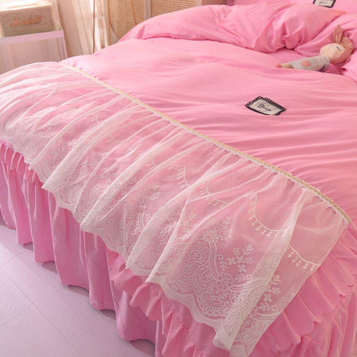 91家纺网 家纺一手货源 找家纺 梦之岛2021新款倾心韩版磨毛蕾丝床单款床裙款四件套 倾心-公主粉