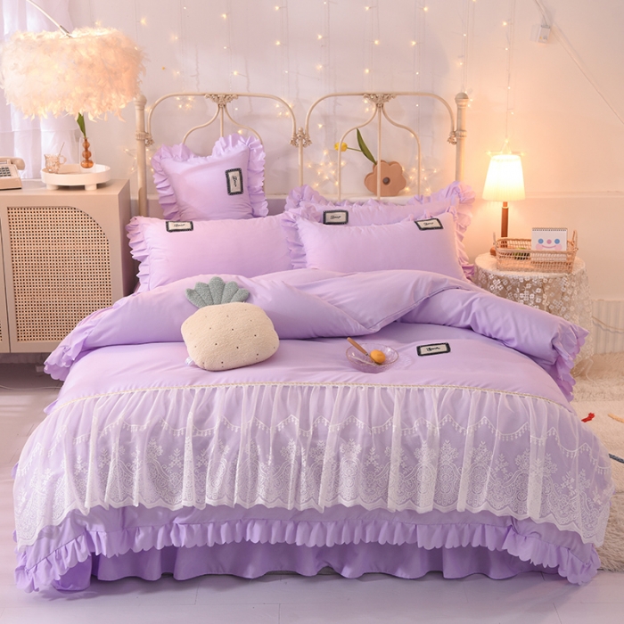 91家纺网 家纺一手货源 找家纺 梦之岛2021新款倾心韩版磨毛蕾丝床单款床裙款四件套 倾心-贵族紫