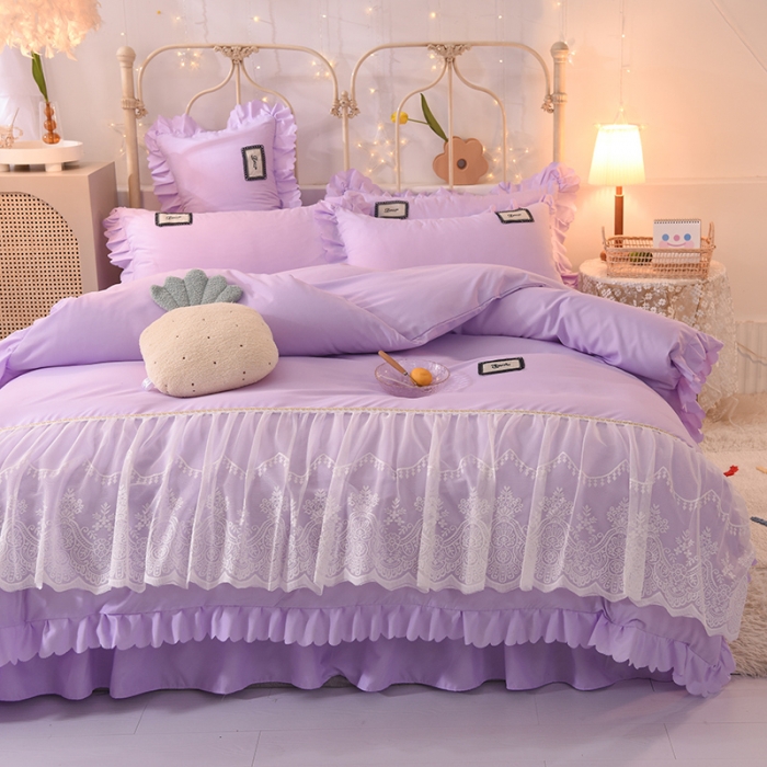 91家纺网 家纺一手货源 找家纺 梦之岛2021新款倾心韩版磨毛蕾丝床单款床裙款四件套 倾心-贵族紫