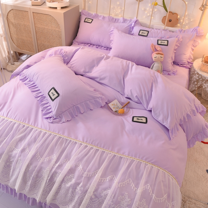 91家纺网 家纺一手货源 找家纺 梦之岛2021新款倾心韩版磨毛蕾丝床单款床裙款四件套 倾心-贵族紫