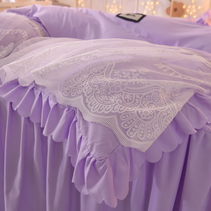 91家纺网 家纺一手货源 找家纺 梦之岛2021新款倾心韩版磨毛蕾丝床单款床裙款四件套 倾心-贵族紫