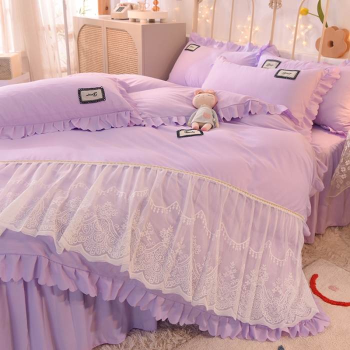 91家纺网 家纺一手货源 找家纺 梦之岛2021新款倾心韩版磨毛蕾丝床单款床裙款四件套 倾心-贵族紫