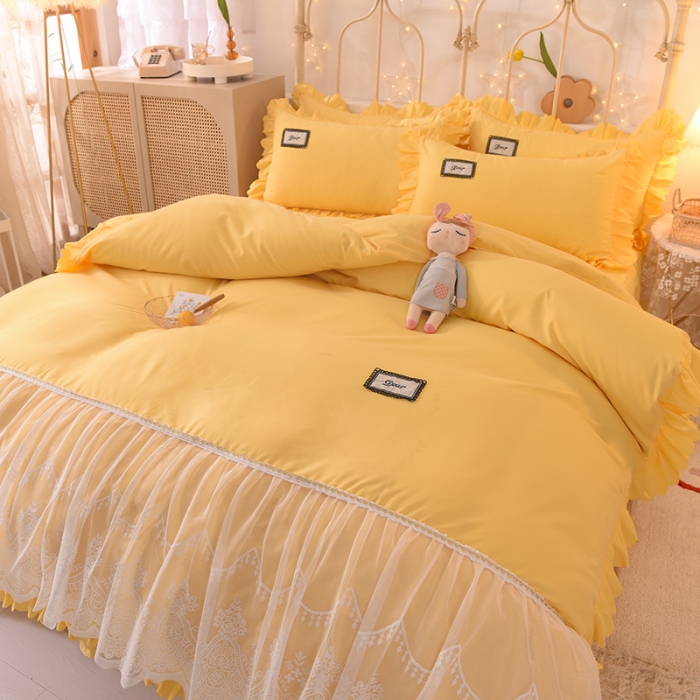 91家纺网 家纺一手货源 找家纺 梦之岛2021新款倾心韩版磨毛蕾丝床单款床裙款四件套 倾心-路易黄