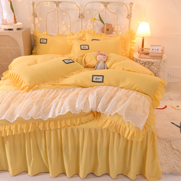 91家纺网 家纺一手货源 找家纺 梦之岛2021新款倾心韩版磨毛蕾丝床单款床裙款四件套 倾心-路易黄