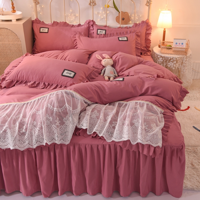 91家纺网 家纺一手货源 找家纺 梦之岛2021新款倾心韩版磨毛蕾丝床单款床裙款四件套 倾心-暖豆沙