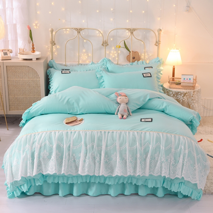 91家纺网 家纺一手货源 找家纺 梦之岛2021新款倾心韩版磨毛蕾丝床单款床裙款四件套 倾心-午夜蓝