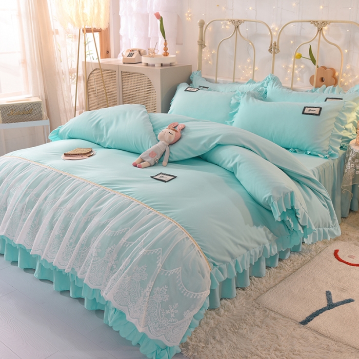 91家纺网 家纺一手货源 找家纺 梦之岛2021新款倾心韩版磨毛蕾丝床单款床裙款四件套 倾心-午夜蓝