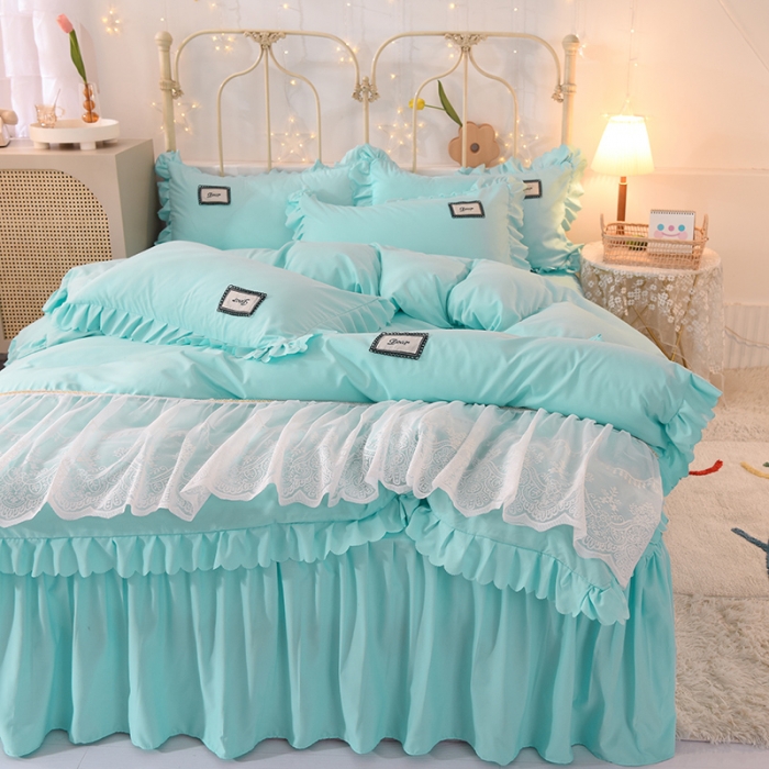 91家纺网 家纺一手货源 找家纺 梦之岛2021新款倾心韩版磨毛蕾丝床单款床裙款四件套 倾心-午夜蓝