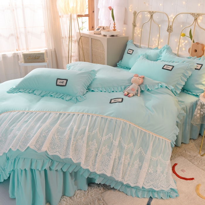 91家纺网 家纺一手货源 找家纺 梦之岛2021新款倾心韩版磨毛蕾丝床单款床裙款四件套 倾心-午夜蓝