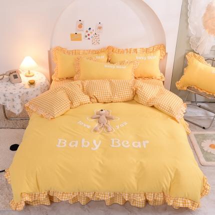 91家纺网 家纺一手货源 找家纺 梦之岛2021新款韩版磨毛床单款床裙款四件套玩偶熊系列 玩偶熊-黄色