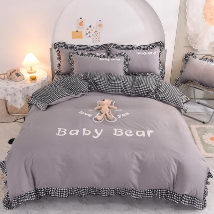 91家纺网 家纺一手货源 找家纺 梦之岛2021新款韩版磨毛床单款床裙款四件套玩偶熊系列 玩偶熊-灰色