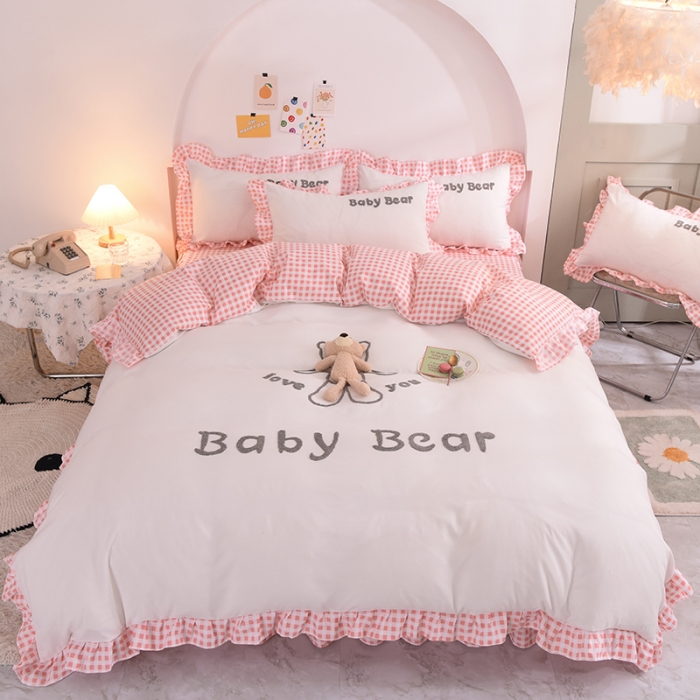 91家纺网 家纺一手货源 找家纺 梦之岛2021新款韩版磨毛床单款床裙款四件套玩偶熊系列 玩偶熊-白色