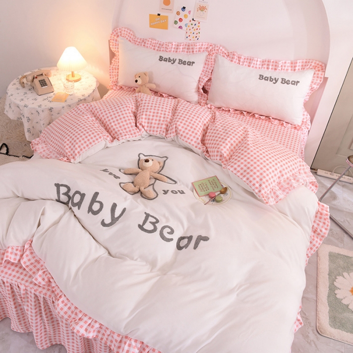 91家纺网 家纺一手货源 找家纺 梦之岛2021新款韩版磨毛床单款床裙款四件套玩偶熊系列 玩偶熊-白色