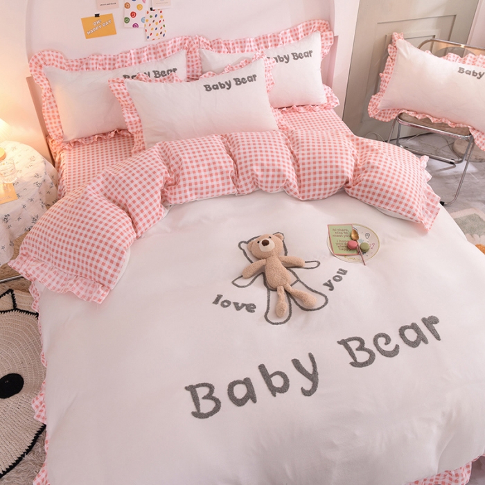 91家纺网 家纺一手货源 找家纺 梦之岛2021新款韩版磨毛床单款床裙款四件套玩偶熊系列 玩偶熊-白色