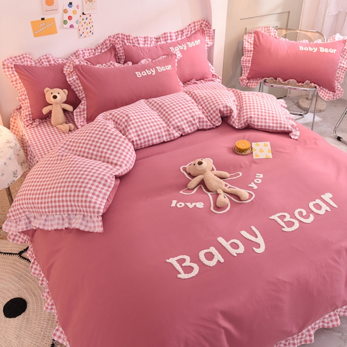 91家纺网 家纺一手货源 找家纺 梦之岛2021韩版磨毛床单款床裙款四件套玩偶熊系列玩偶熊豆沙