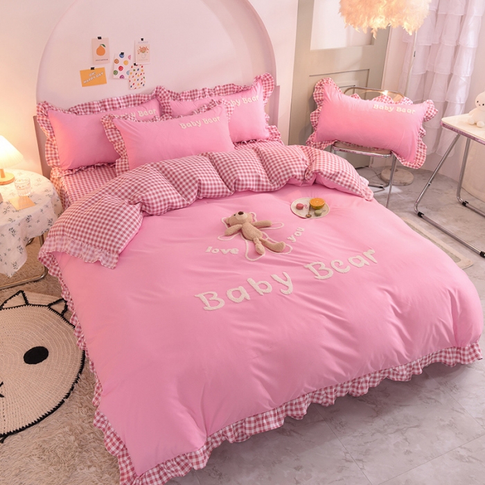 91家纺网 家纺一手货源 找家纺 梦之岛2021新款韩版磨毛床单款床裙款四件套玩偶熊系列 玩偶熊-粉色