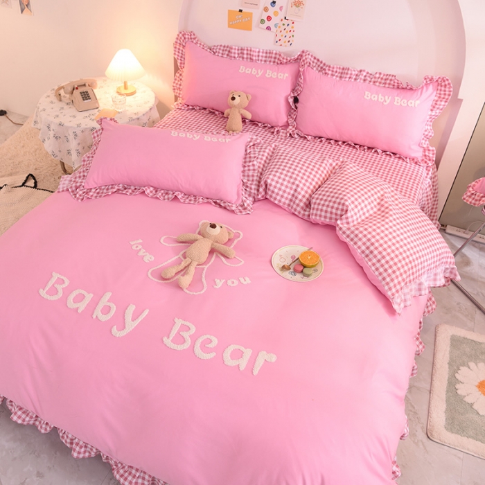 91家纺网 家纺一手货源 找家纺 梦之岛2021新款韩版磨毛床单款床裙款四件套玩偶熊系列 玩偶熊-粉色