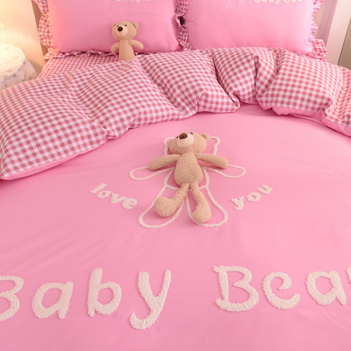91家纺网 家纺一手货源 找家纺 梦之岛2021新款韩版磨毛床单款床裙款四件套玩偶熊系列 玩偶熊-粉色