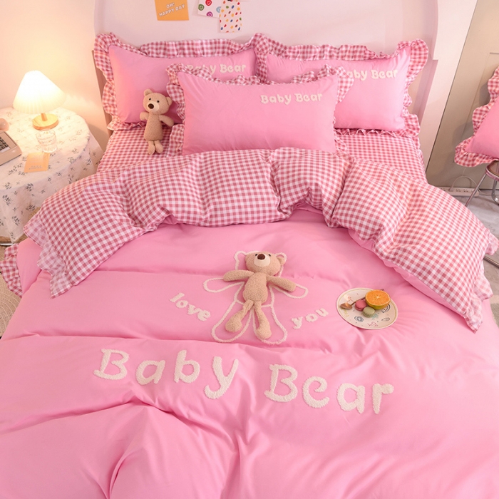 91家纺网 家纺一手货源 找家纺 梦之岛2021新款韩版磨毛床单款床裙款四件套玩偶熊系列 玩偶熊-粉色