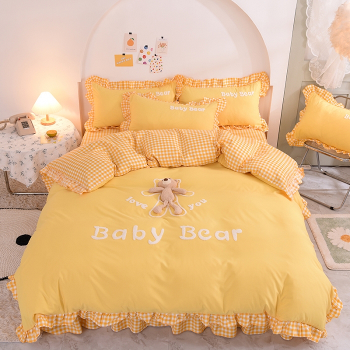 91家纺网 家纺一手货源 找家纺 梦之岛2021新款韩版磨毛床单款床裙款四件套玩偶熊系列 玩偶熊-黄色