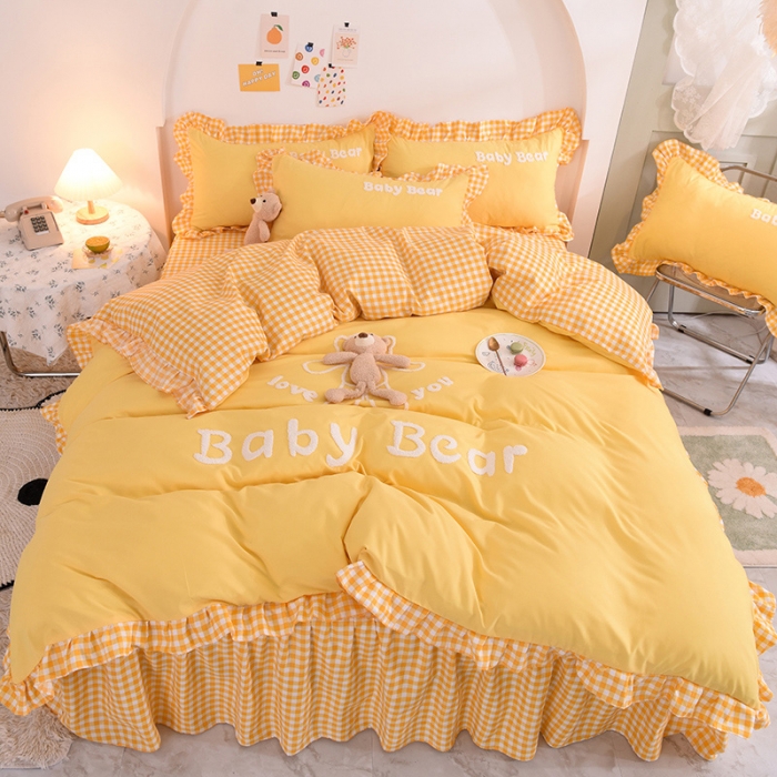 91家纺网 家纺一手货源 找家纺 梦之岛2021新款韩版磨毛床单款床裙款四件套玩偶熊系列 玩偶熊-黄色