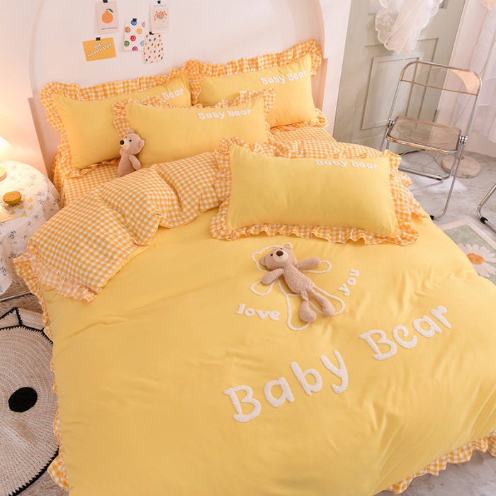 91家纺网 家纺一手货源 找家纺 梦之岛2021新款韩版磨毛床单款床裙款四件套玩偶熊系列 玩偶熊-黄色