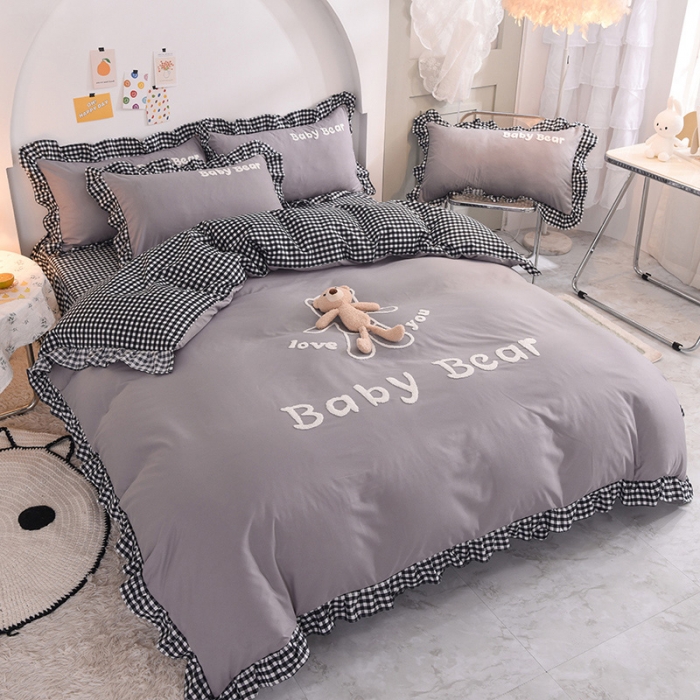 91家纺网 家纺一手货源 找家纺 梦之岛2021新款韩版磨毛床单款床裙款四件套玩偶熊系列 玩偶熊-灰色