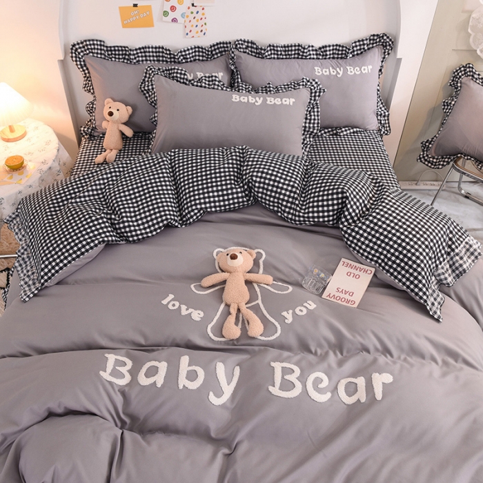 91家纺网 家纺一手货源 找家纺 梦之岛2021新款韩版磨毛床单款床裙款四件套玩偶熊系列 玩偶熊-灰色