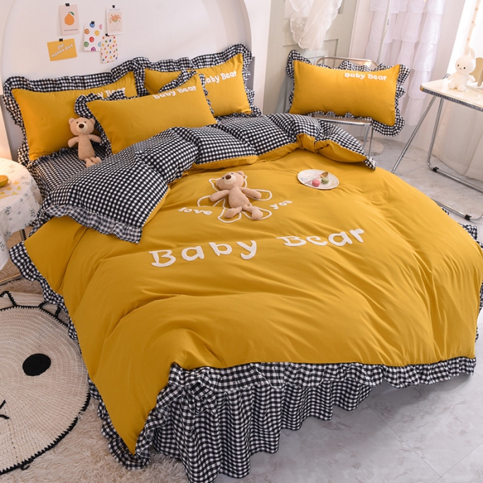 91家纺网 家纺一手货源 找家纺 梦之岛2021新款韩版磨毛床单款床裙款四件套玩偶熊系列 玩偶熊-姜黄