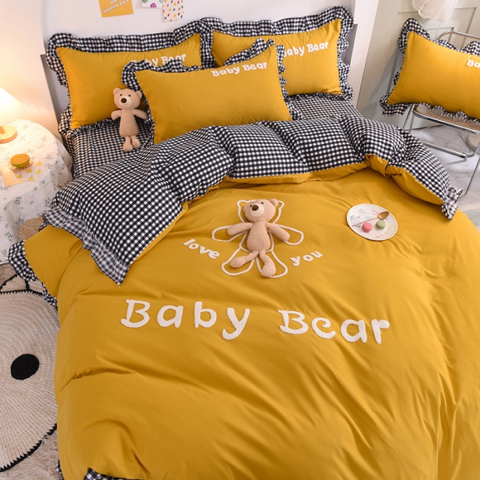 91家纺网 家纺一手货源 找家纺 梦之岛2021新款韩版磨毛床单款床裙款四件套玩偶熊系列 玩偶熊-姜黄