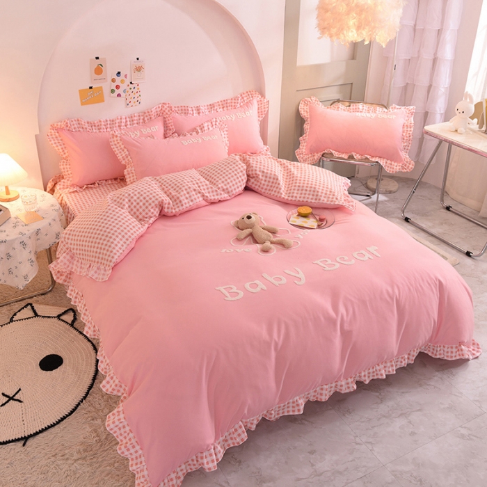 91家纺网 家纺一手货源 找家纺 梦之岛2021新款韩版磨毛床单款床裙款四件套玩偶熊系列 玩偶熊-玉色