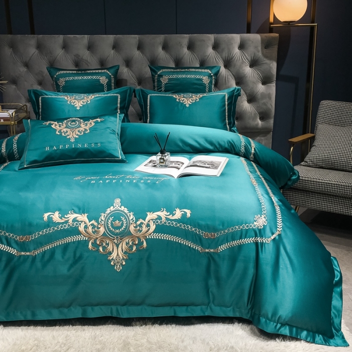 91家纺网 家纺一手货源 找家纺 安妮 2021新款全棉贡缎四件套曼洛系列 宝石绿