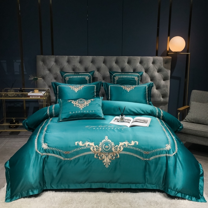 91家纺网 家纺一手货源 找家纺 安妮 2021新款全棉贡缎四件套曼洛系列 宝石绿