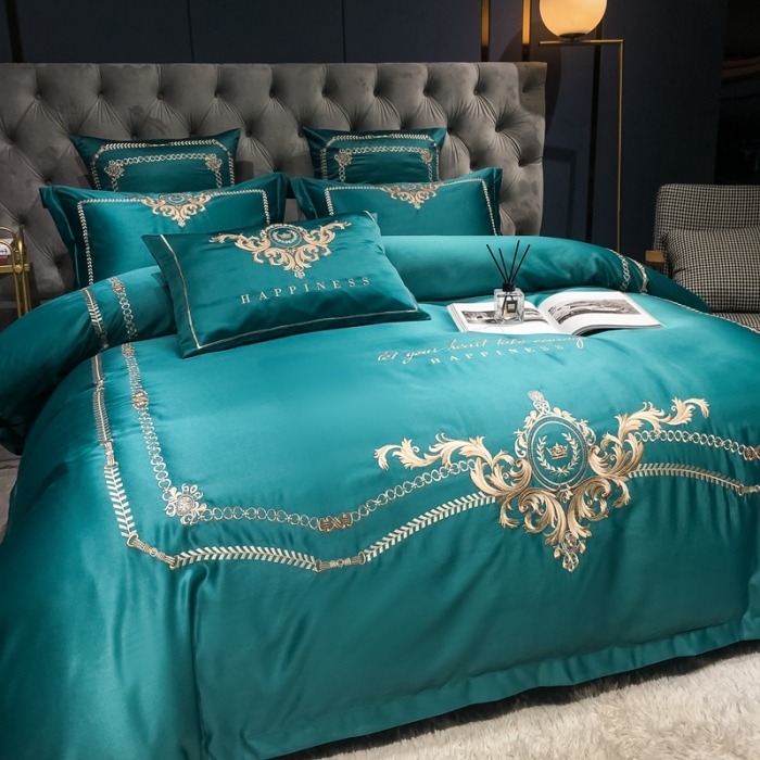 91家纺网 家纺一手货源 找家纺 安妮 2021新款全棉贡缎四件套曼洛系列 宝石绿