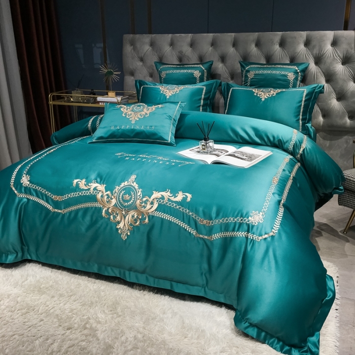 91家纺网 家纺一手货源 找家纺 安妮 2021新款全棉贡缎四件套曼洛系列 宝石绿