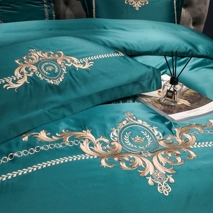 91家纺网 家纺一手货源 找家纺 安妮 2021新款全棉贡缎四件套曼洛系列 宝石绿