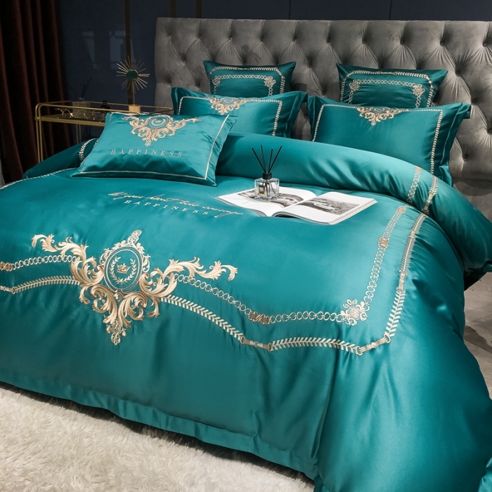 91家纺网 家纺一手货源 找家纺 安妮 2021新款全棉贡缎四件套曼洛系列 宝石绿