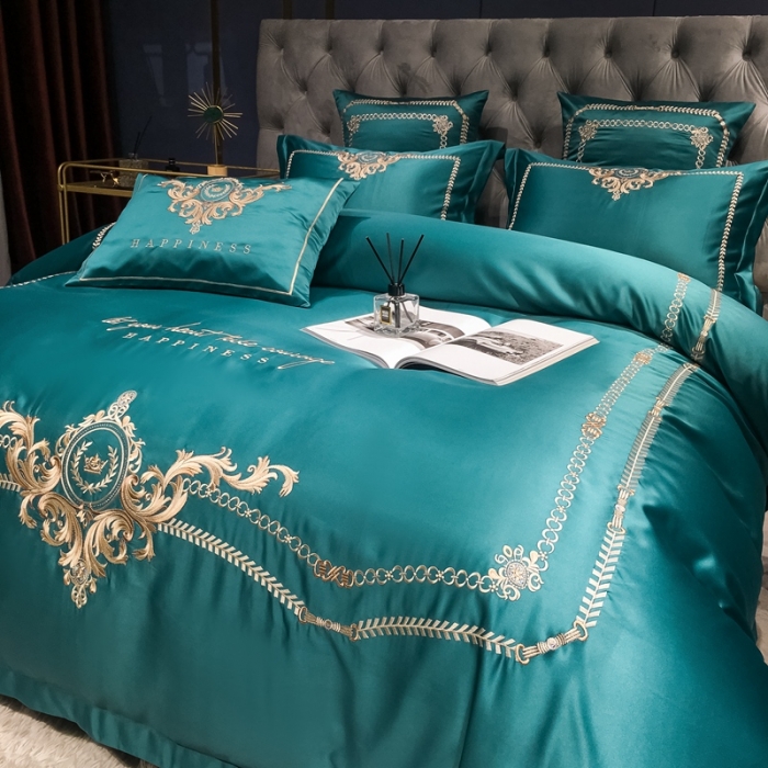 91家纺网 家纺一手货源 找家纺 安妮 2021新款全棉贡缎四件套曼洛系列 宝石绿