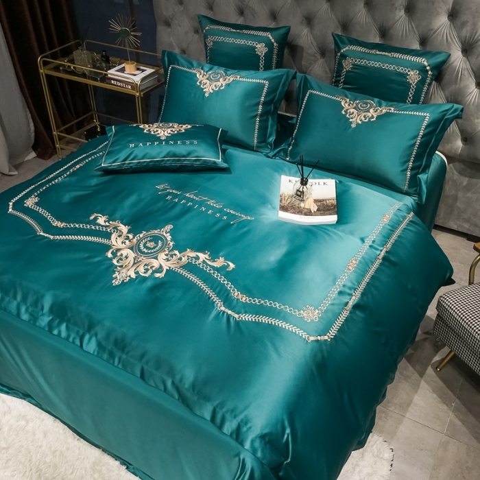 91家纺网 家纺一手货源 找家纺 安妮 2021新款全棉贡缎四件套曼洛系列 宝石绿