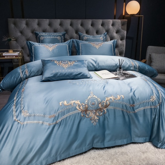 91家纺网 家纺一手货源 找家纺 安妮 2021新款全棉贡缎四件套曼洛系列 宾利蓝