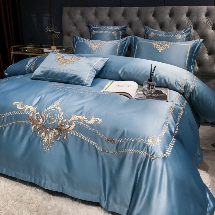 91家纺网 家纺一手货源 找家纺 安妮 2021新款全棉贡缎四件套曼洛系列 宾利蓝