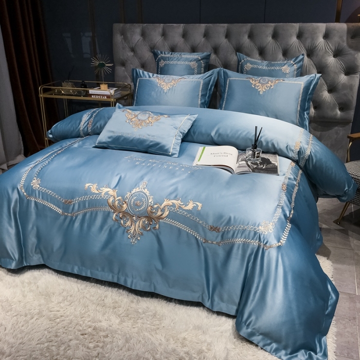 91家纺网 家纺一手货源 找家纺 安妮 2021新款全棉贡缎四件套曼洛系列 宾利蓝