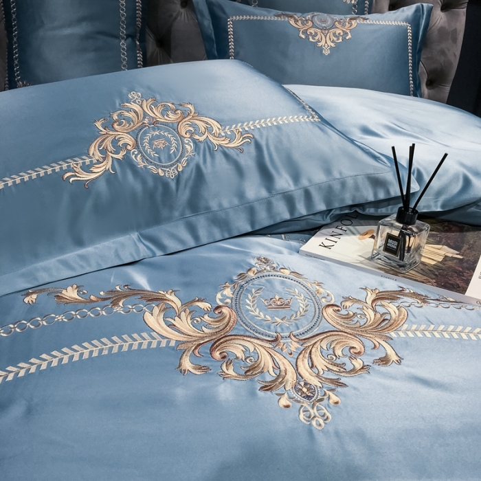 91家纺网 家纺一手货源 找家纺 安妮 2021新款全棉贡缎四件套曼洛系列 宾利蓝