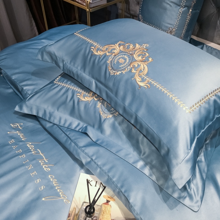 91家纺网 家纺一手货源 找家纺 安妮 2021新款全棉贡缎四件套曼洛系列 宾利蓝