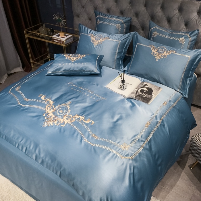 91家纺网 家纺一手货源 找家纺 安妮 2021新款全棉贡缎四件套曼洛系列 宾利蓝