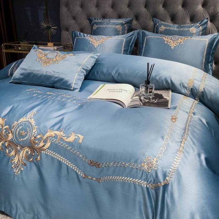 91家纺网 家纺一手货源 找家纺 安妮 2021新款全棉贡缎四件套曼洛系列 宾利蓝