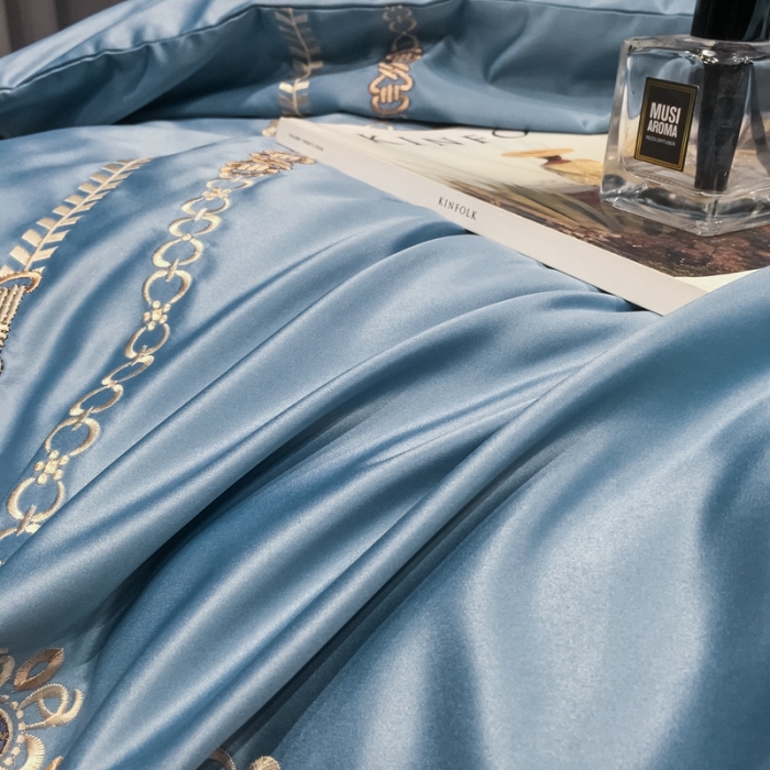 91家纺网 家纺一手货源 找家纺 安妮 2021新款全棉贡缎四件套曼洛系列 宾利蓝