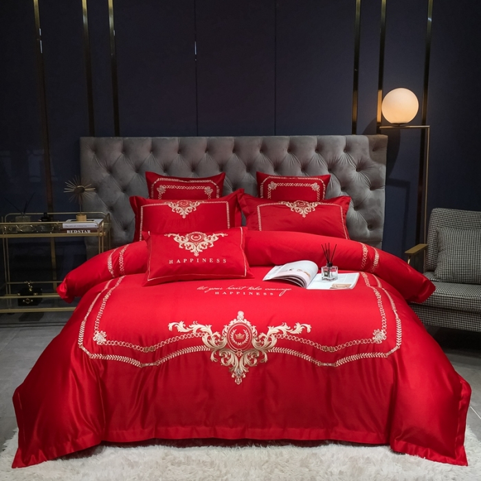 91家纺网 家纺一手货源 找家纺 安妮 2021新款全棉贡缎四件套曼洛系列 大红