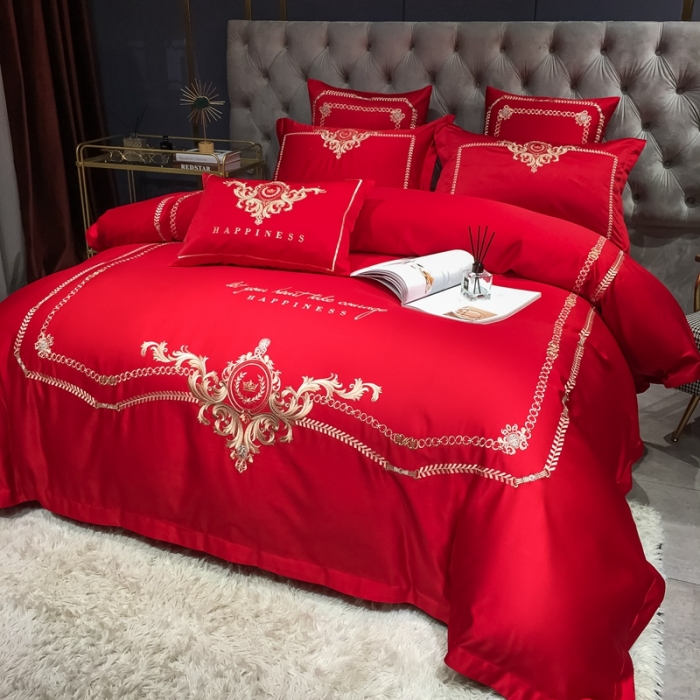 91家纺网 家纺一手货源 找家纺 安妮 2021新款全棉贡缎四件套曼洛系列 大红